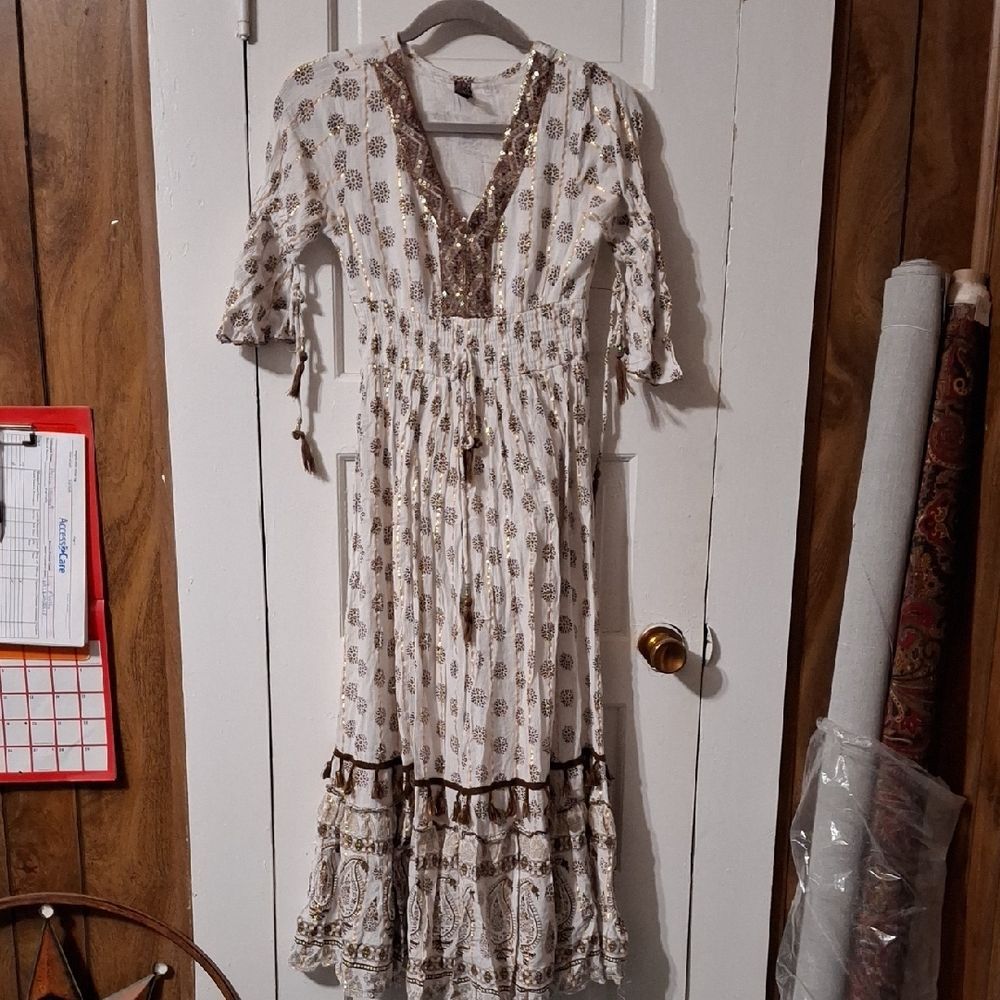 Magic Cream and Brown Long Sleeve Dress, Beautiful Bohemian (ROX121)